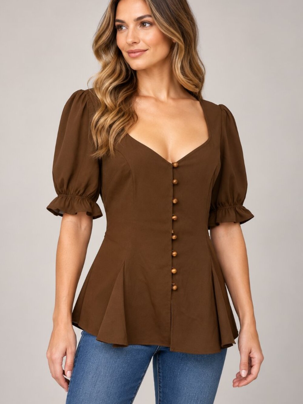 New Petal + Pup L Chocolate Brown Romantic Peplum Puff Sleeve Blouse NWT
